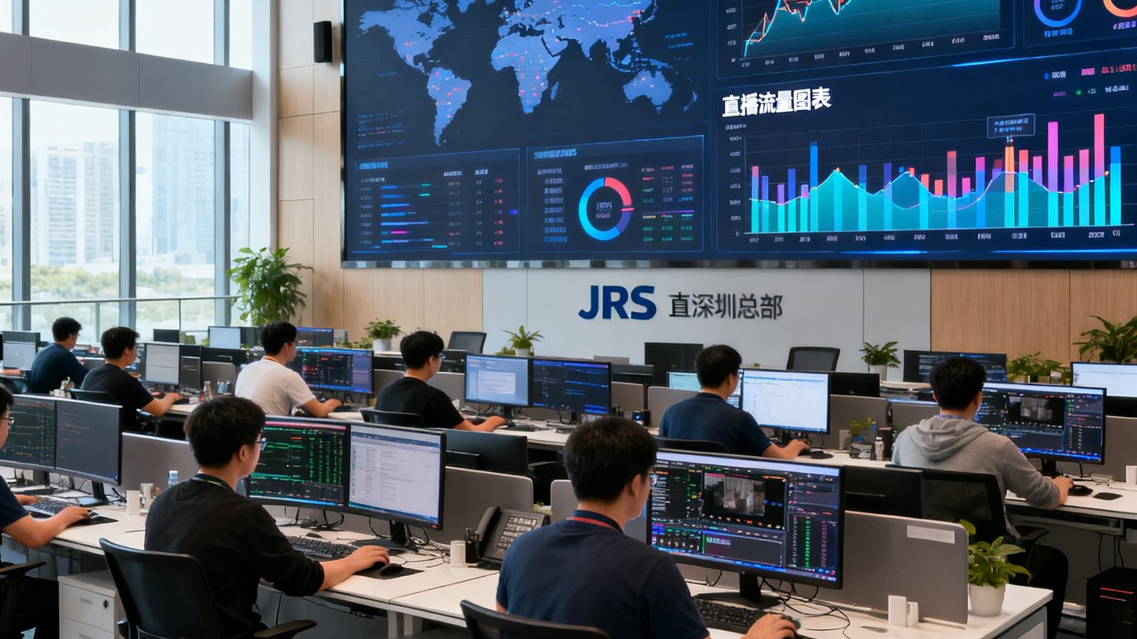 JRS直播深圳总部开放式办公区全景，数十名工程师在工位上调试系统，正面墙壁上悬挂着巨大的实时数据监控屏幕显示全球CDN节点状态和直播流量图表，自然光从落地窗洒入。